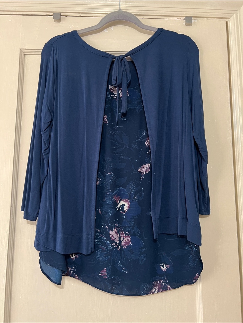 Lila Rose Navy Layered Hem Tunic with Floral Trim and floral tie back